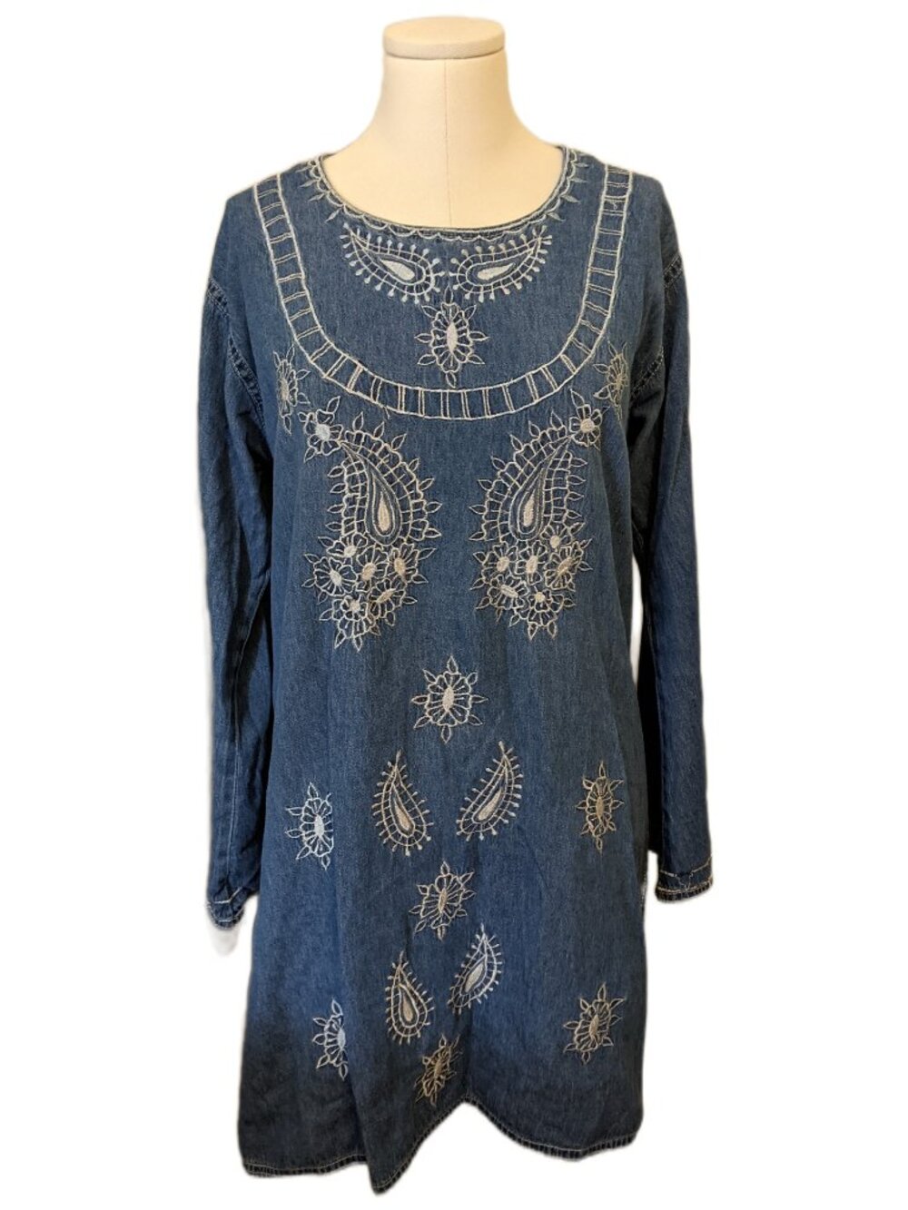 Vintage Blue Denim Embroidered Dress Chambray Boho Paisley Tunic Shift Summer XL